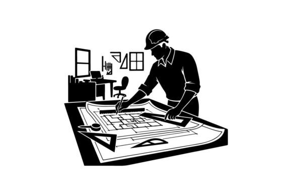 Download Engineer Reviewing Blueprints Vector Ill - Premium Bundle