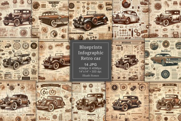 Download Retro Car Blueprints Digital Paper Pack - Blueprints Collection